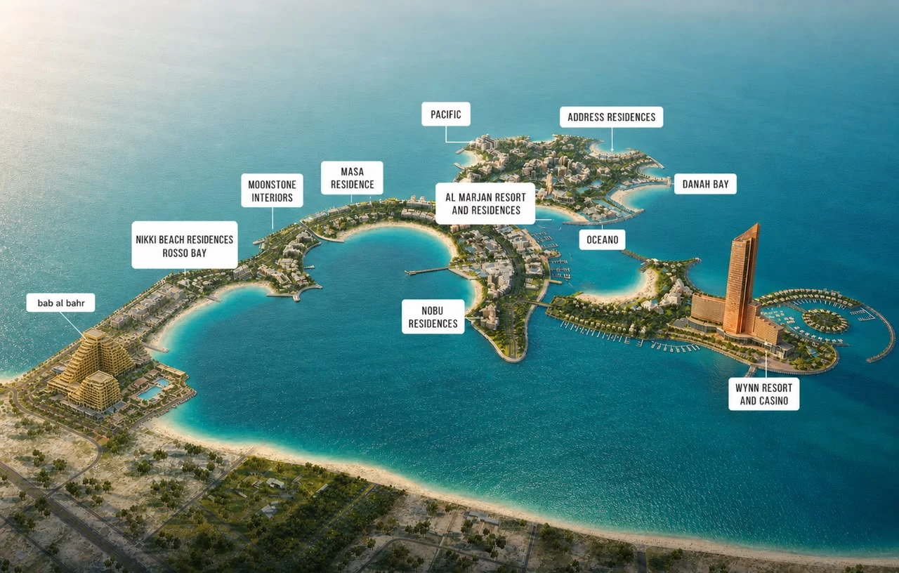 Al Marjan Island masterplan highlighting Wynn and surrounding luxury developments