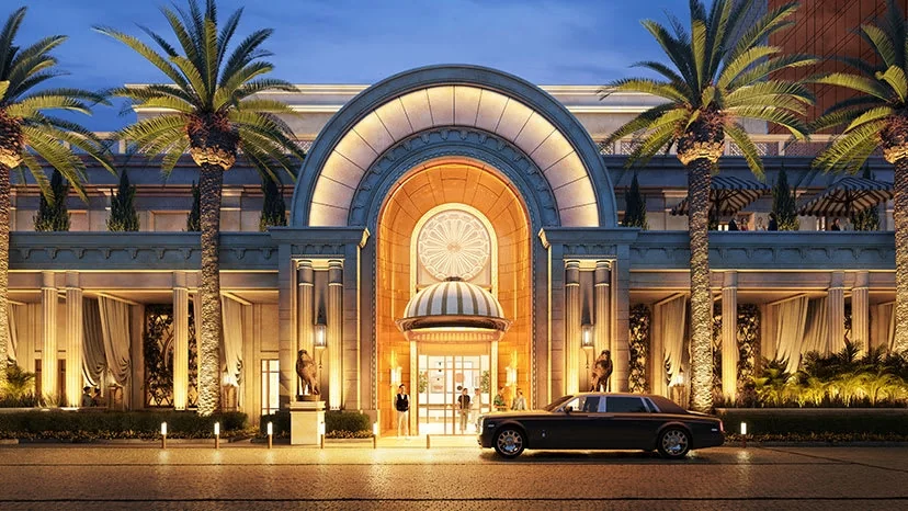 Grand illuminated entrance to Enclave at Wynn Al Marjan Island