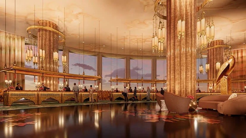 Opulent Wynn resort interior with golden architectural details