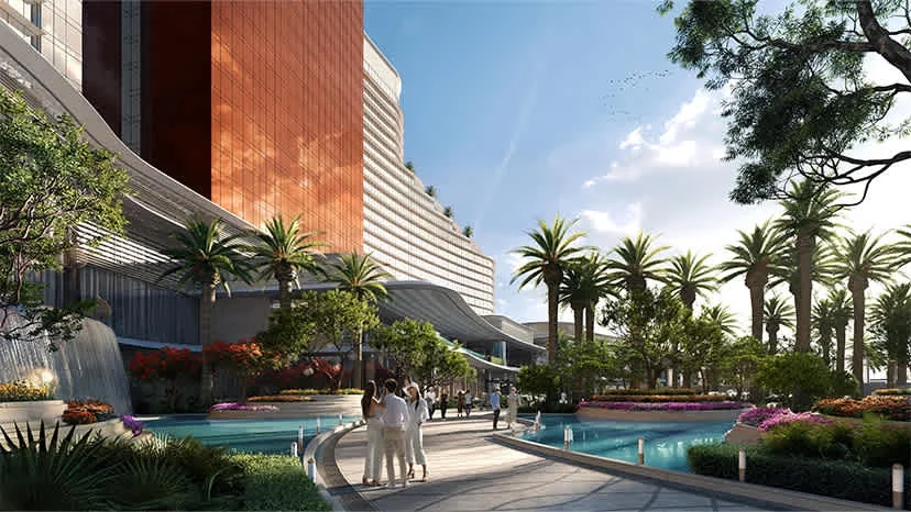 Landscaped pool and leisure promenade at Wynn Al Marjan Island